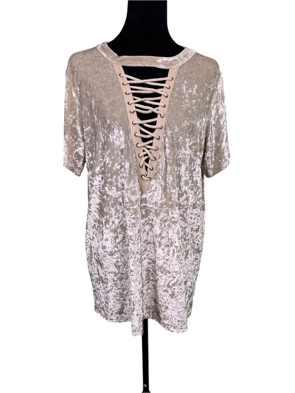 Entro L Champagne Crushed Velvet Lace Up Top Boho Y2K - Picture 2 of 10